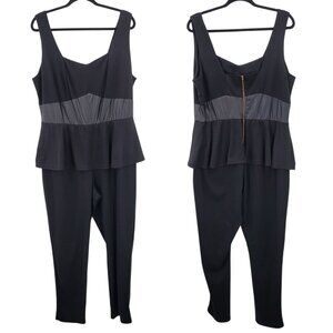 Ashley Stewart Black Peplum Jumpsuit Sz 16 Faux Leather Waist Exposed Zipper